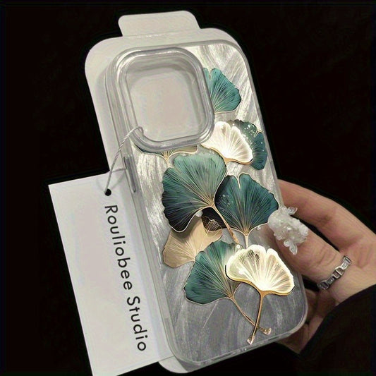 Hoja de ginkgo en seda de plumas de plata