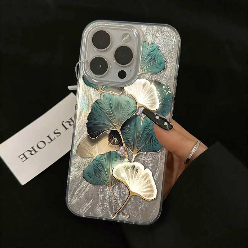 Hoja de ginkgo en seda de plumas de plata