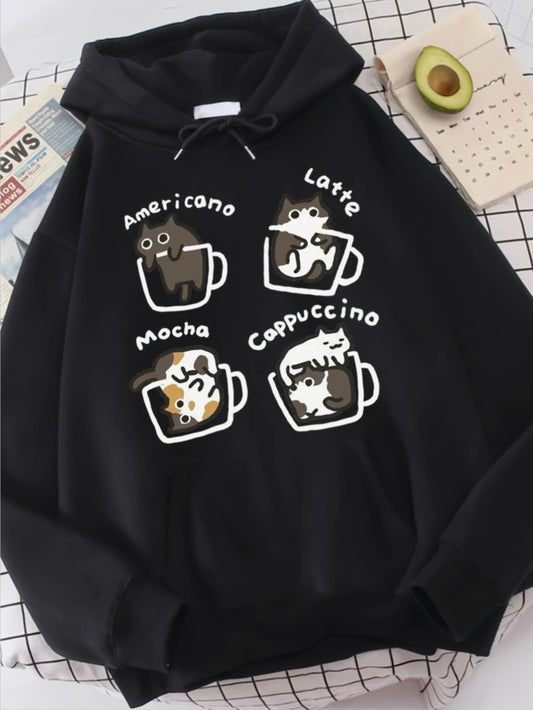 Sudadera con Capucha Ideal para Amantes de los Gatos y el Café.